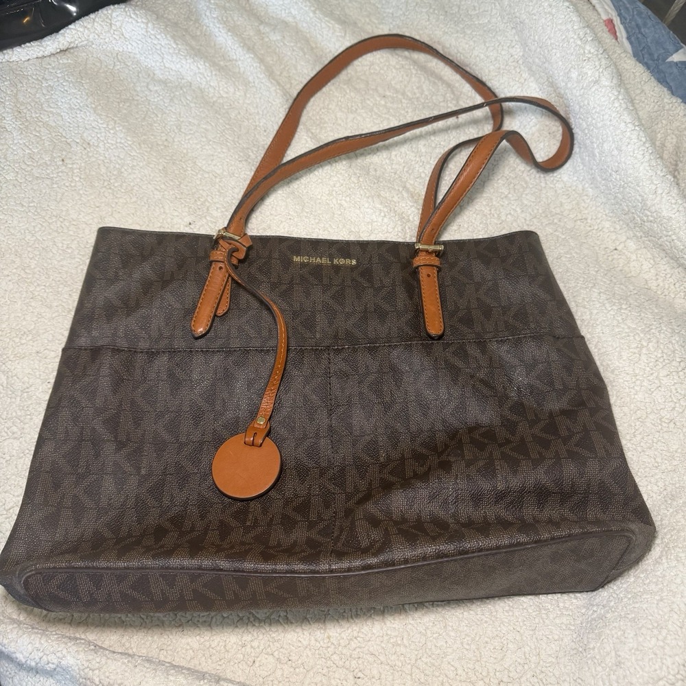 Michael Kors Jet Set Travel Brown Logo Tote Bag Zip Gold Charm Medium